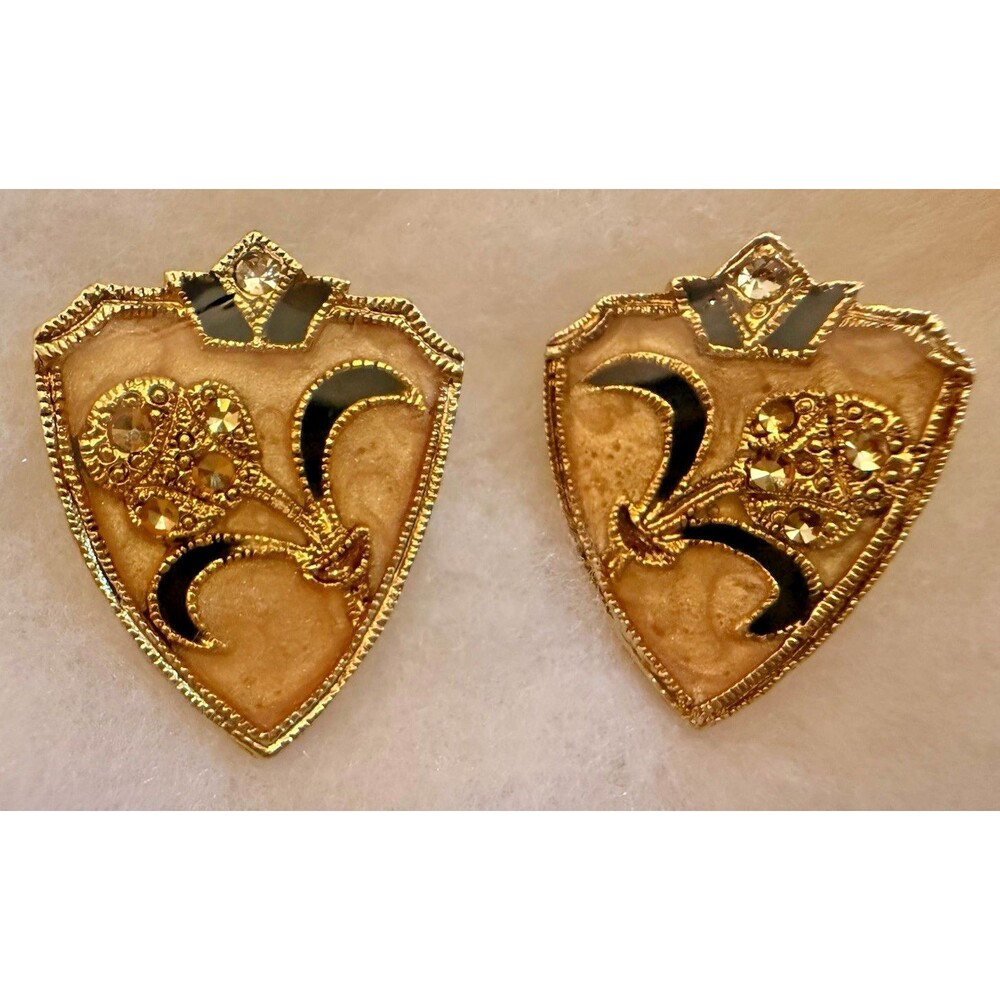 Vintage Two Sisters Clip On Earrings Gold Tone Shield Floral Crest Rhinestone